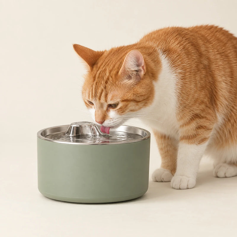 Ginger-and-white cat drinking from a sage and stainless-steel water fountain