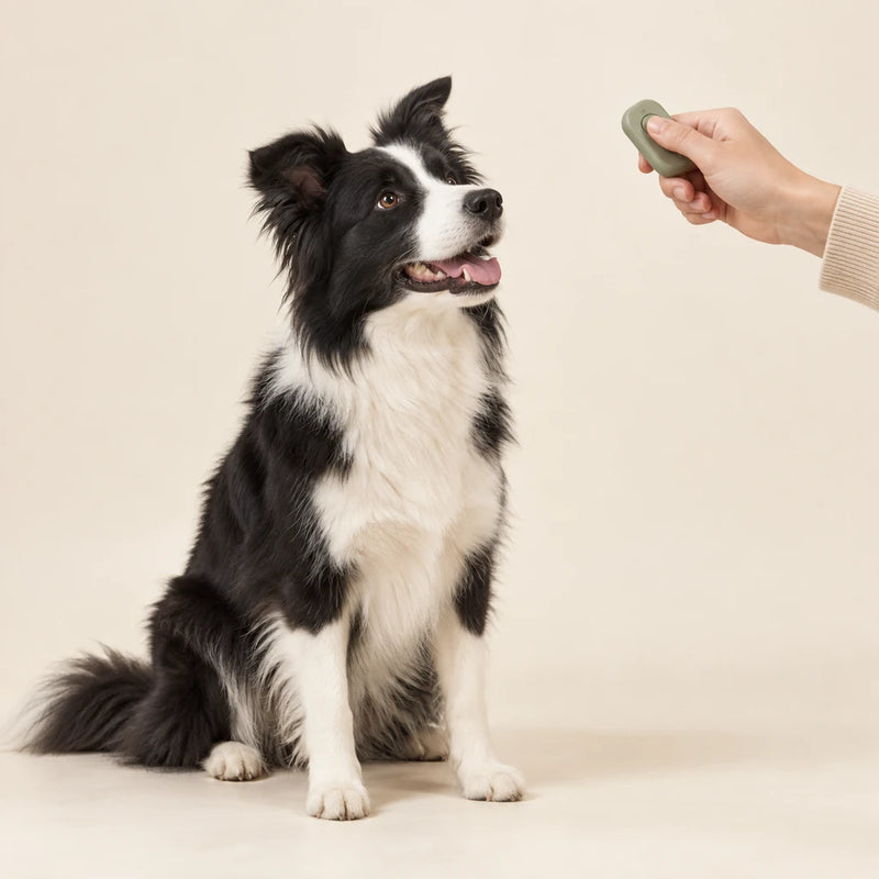 Border collie watching a hand holding a sage training clicker
