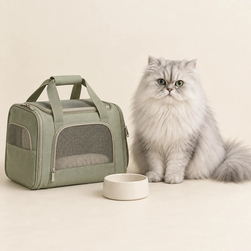 Silver Persian cat beside a sage carrier and cream ceramic bowl