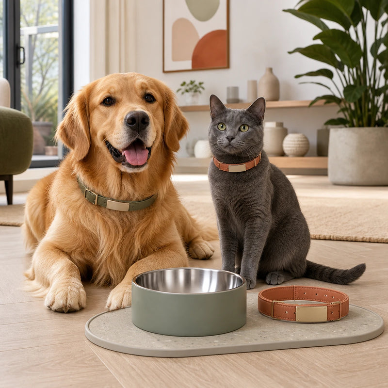 Personalised pet accessories for dogs and cats with engraved collars, named bowl and feeding mat – Petifo