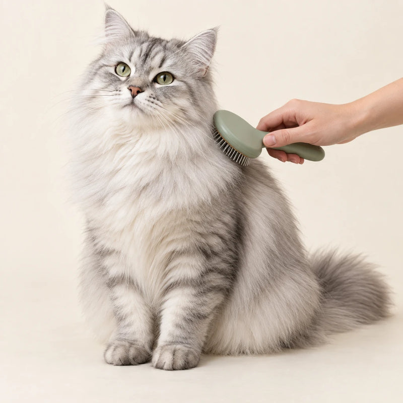 Silver Siberian cat being gently brushed with a sage grooming brush
