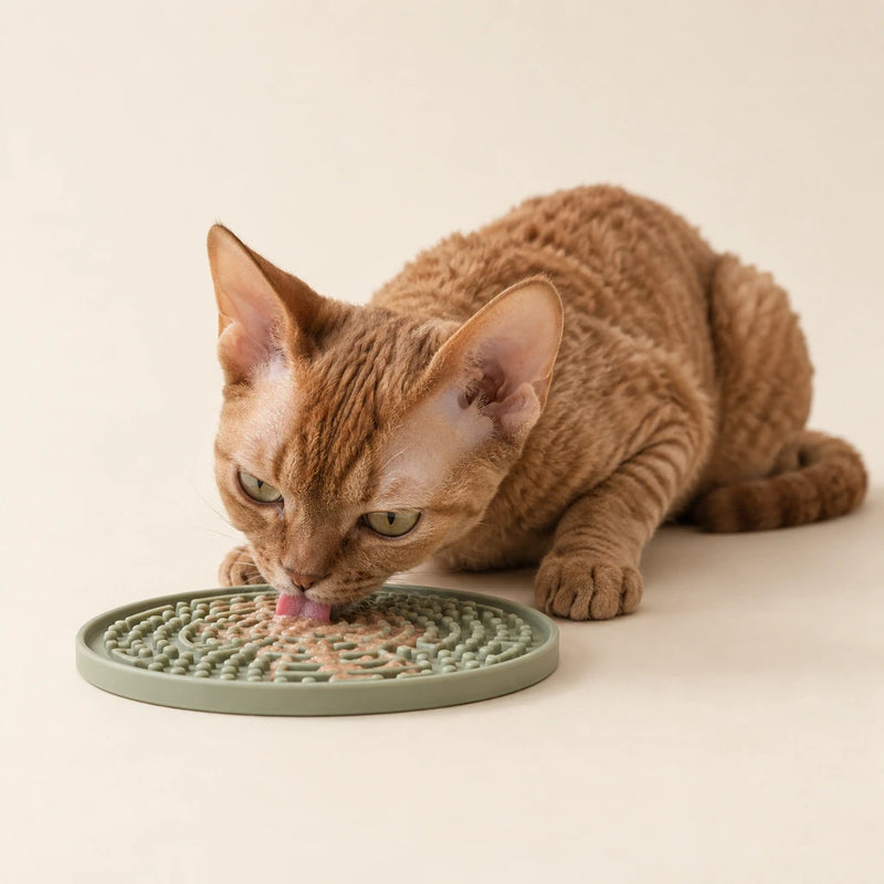 Cinnamon Devon Rex cat licking a sage enrichment mat