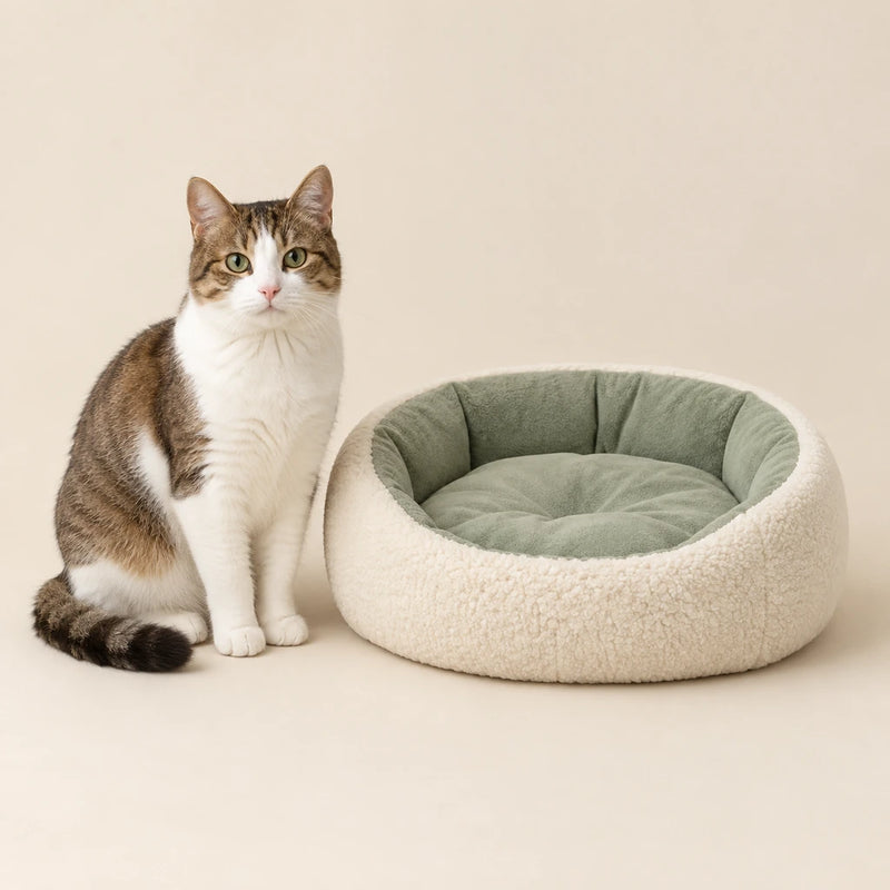 Brown and white cat beside a cream cat bed on a clean cream background - Petifo