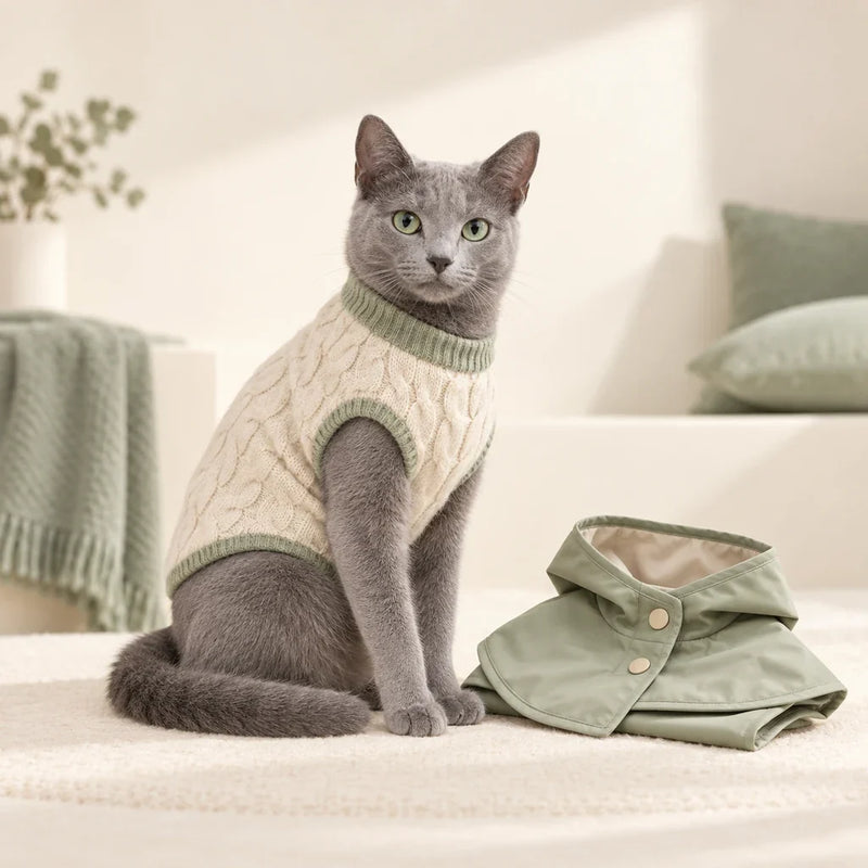 Russian Blue cat wearing a cream knit jumper beside cat apparel