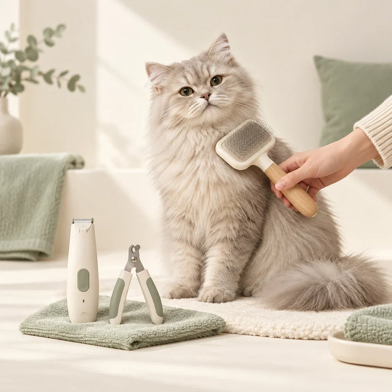 Long-haired grey cat being brushed beside cat grooming tools