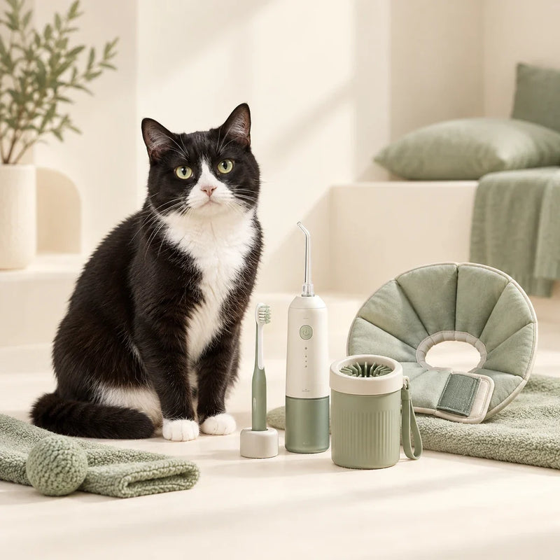 Black and white tuxedo cat with everyday cat health and recovery products