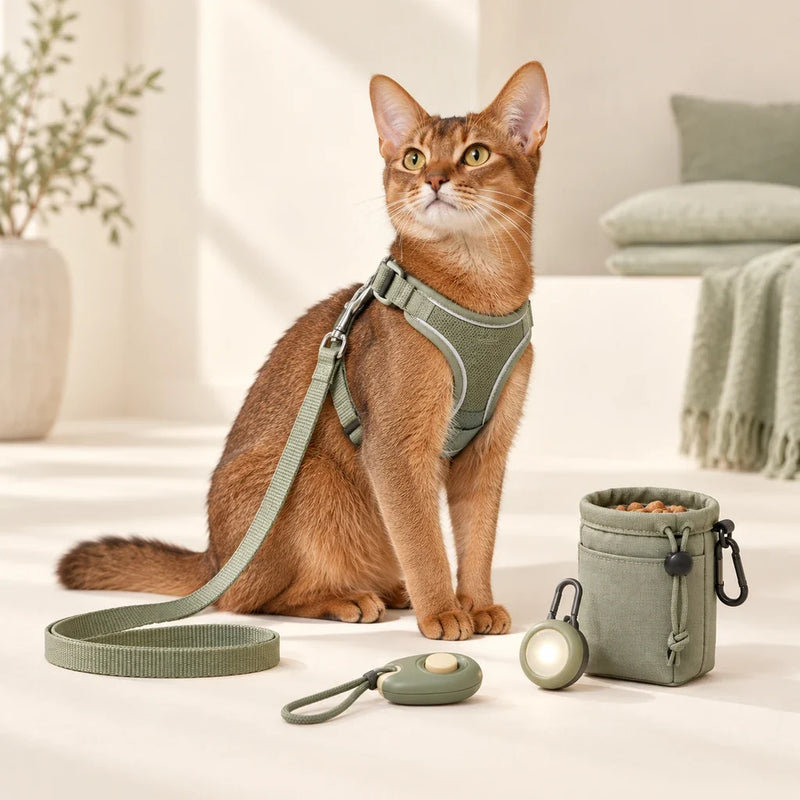 Abyssinian cat wearing a reflective harness beside cat training and safety gear