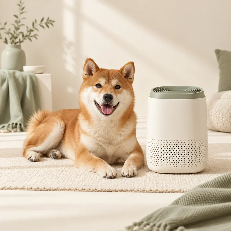 Shiba Inu dog resting beside a pet air purifier