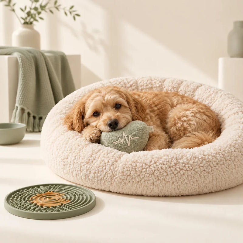 Relaxed small dog in a calming bed with heartbeat toy and lick mat