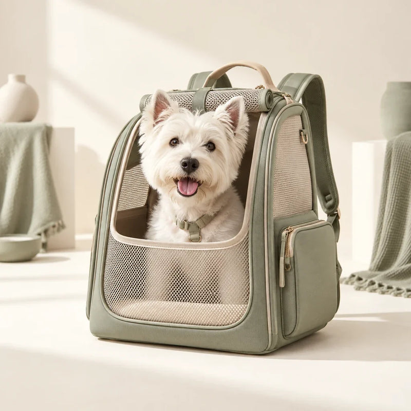 White terrier in a sage dog carrier backpack