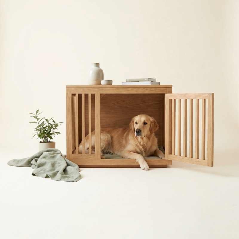 Dog resting inside a stylish wooden dog crate furniture piece – Petifo Dog Crates & Furniture