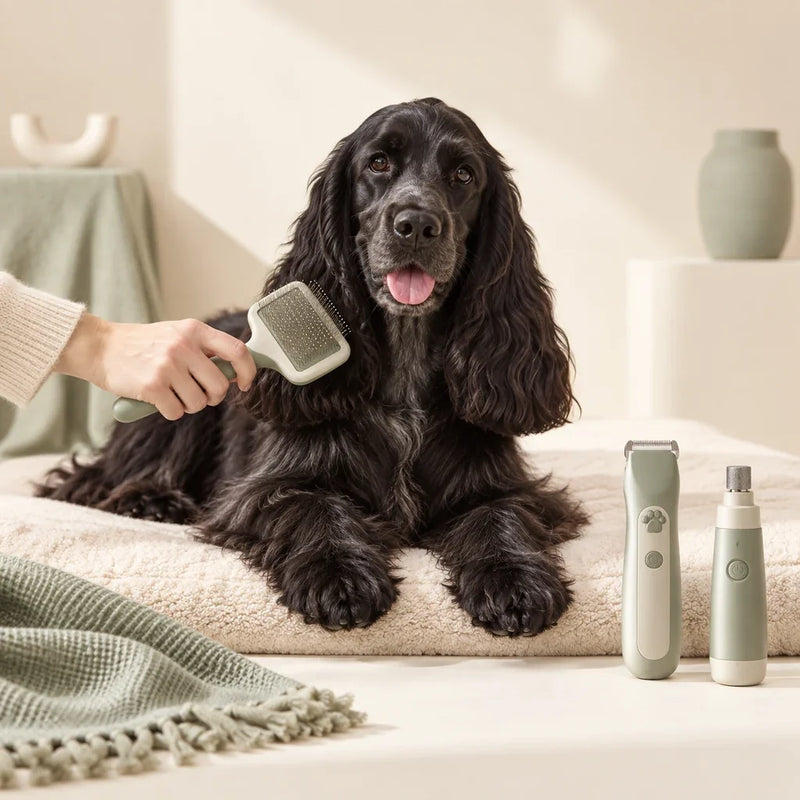 Black cocker spaniel being brushed beside dog grooming tools