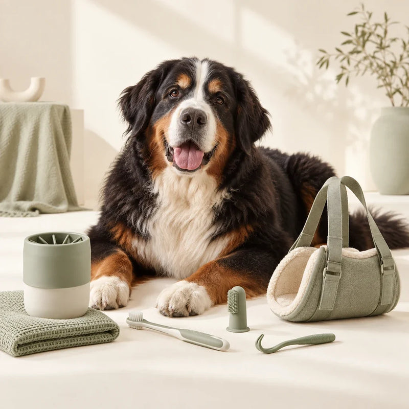 Senior Bernese mountain dog with everyday dog health and recovery products