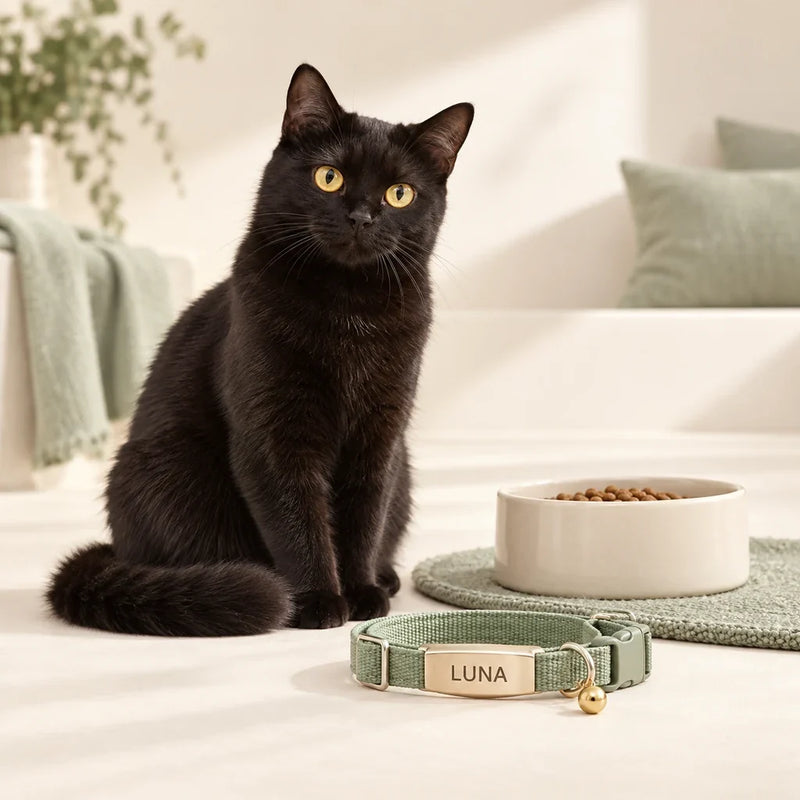 Black cat beside a personalised LUNA cat collar and feeding bowl