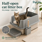A half-open cat litter box design with a specialized step to trap litter and keep floors clean.