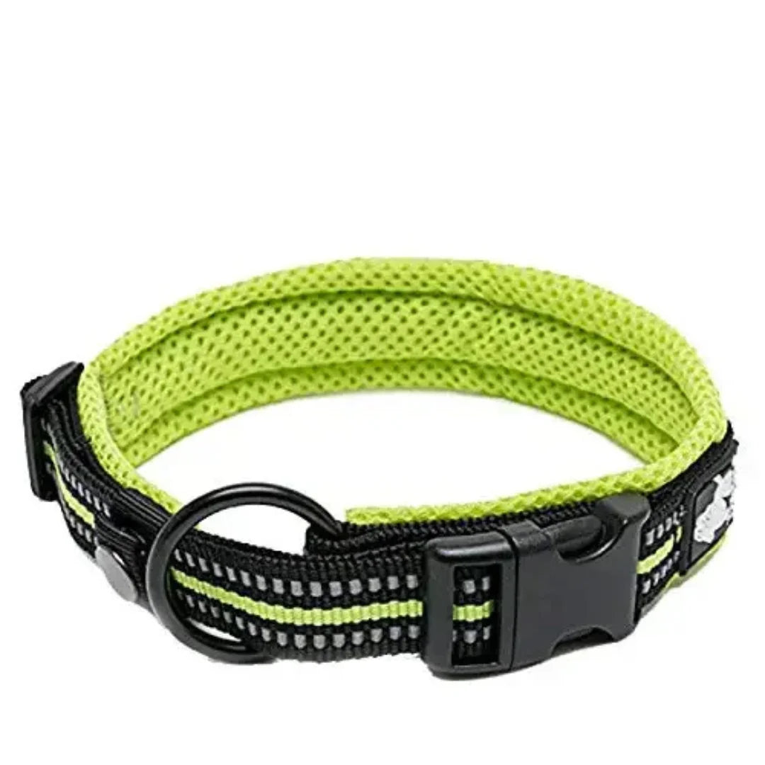 A lime green, breathable mesh dog collar with black accents, featuring a robust buckle and reflective stripes.