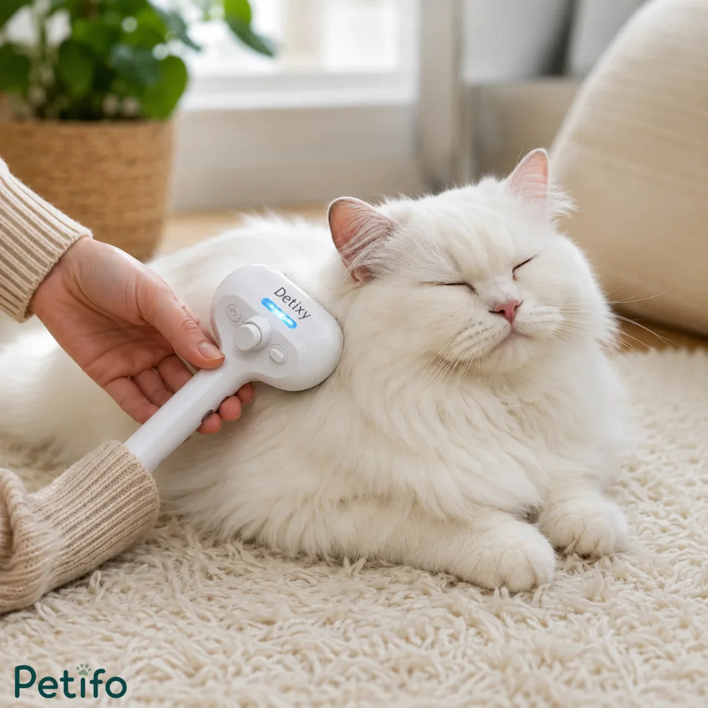 A person using the Petifo grooming brush on a fluffy white cat resting on a carpet.