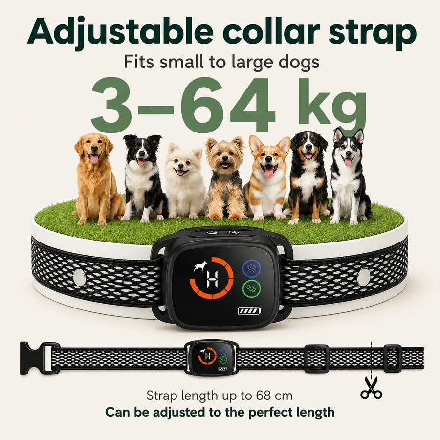 Collare antiabbaio ChewUp regolabile, adatto a cani di taglia da piccola a grande, da 3 kg a 64 kg.