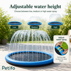 Demonstration showing low, medium, and high adjustable water spray settings on the blue dog sprinkler pool.