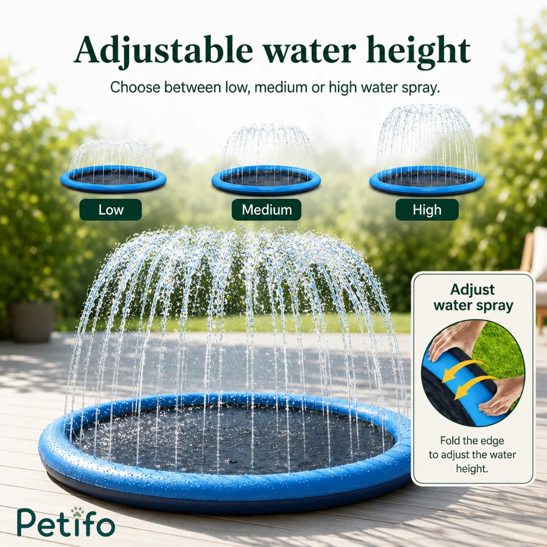 Demonstration showing low, medium, and high adjustable water spray settings on the blue dog sprinkler pool.