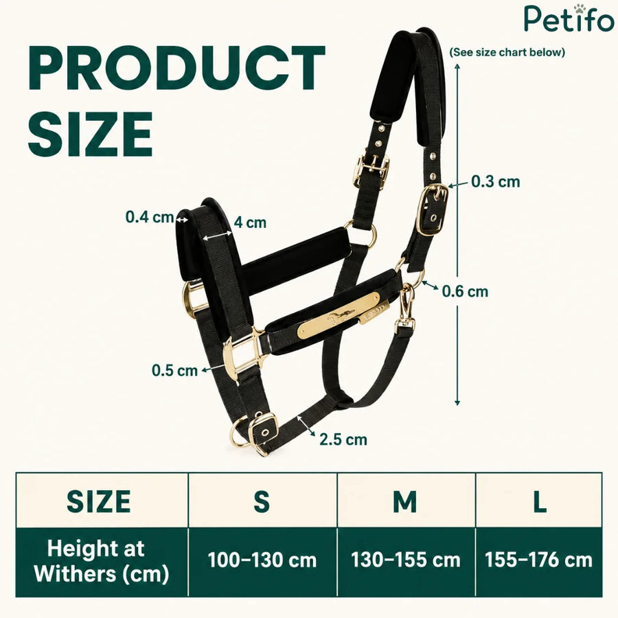 Tabella delle taglie del prodotto e diagramma delle dimensioni della capezza regolabile per cavalli.