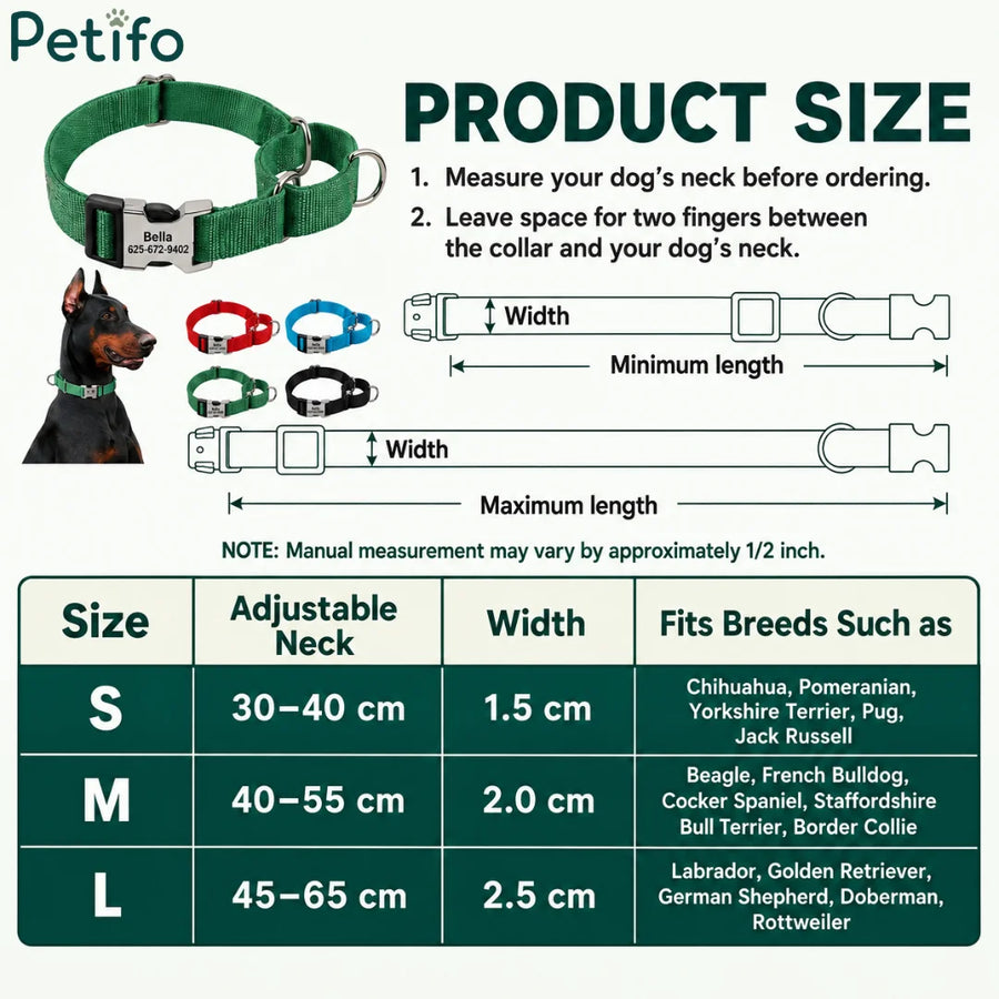 Tabella delle taglie e guida alla misurazione per collari riflettenti regolabili per cani con targhette metalliche personalizzate.