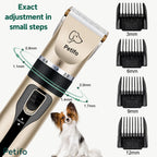 Close-up of the adjustable blade ring on the gold clipper with small-step settings alongside a Papillon dog.