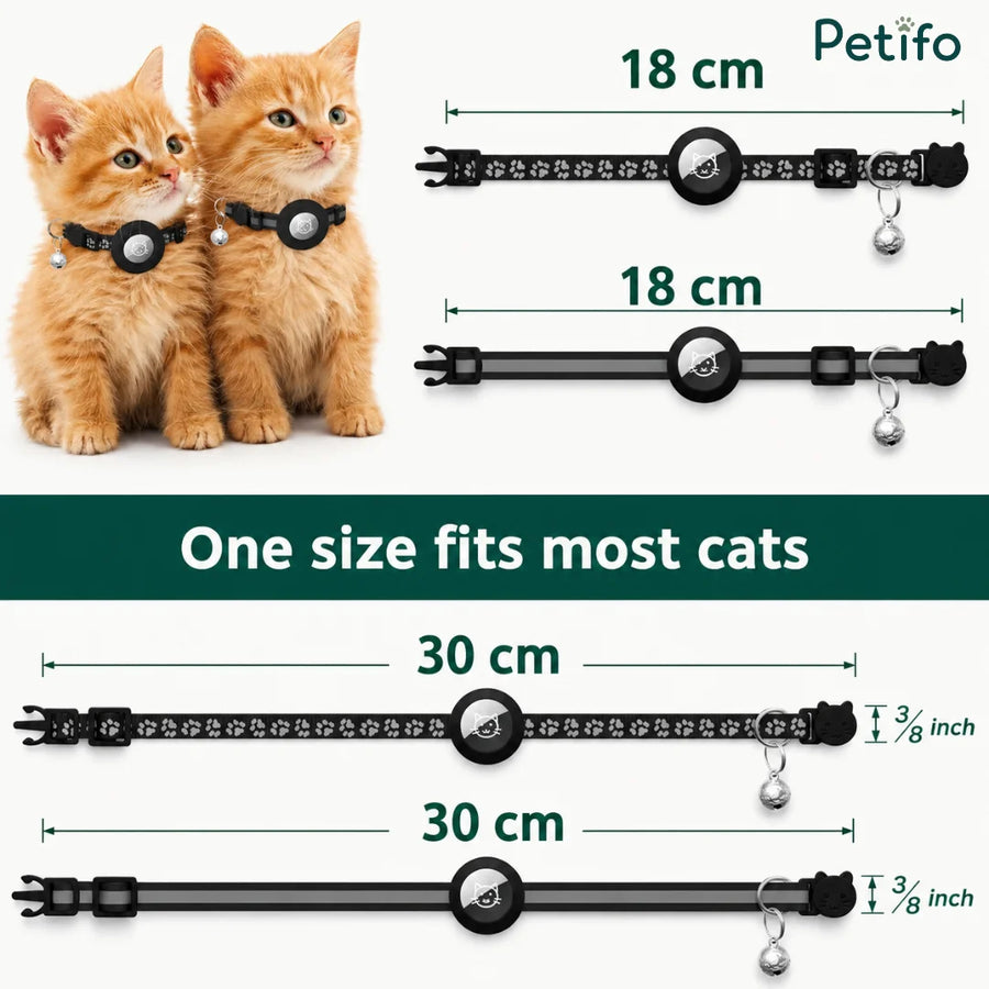 Infografica della guida alle taglie con dimensioni regolabili da 18 cm a 30 cm, che mostra che una taglia unica si adatta alla maggior parte dei gatti.