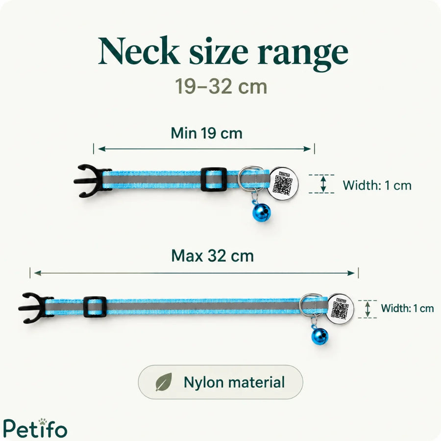 Infografica che mostra la gamma regolabile della circonferenza del collo da 19 a 32 centimetri e la larghezza di 1 centimetro del collare per gatti.