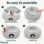 A step-by-step assembly guide illustrating how to connect the ends, shape the bed, secure the mat, and use the donut cat tunnel.