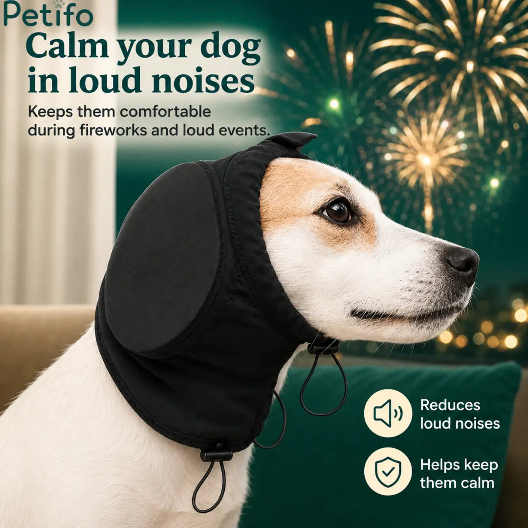 Benefits infographic showcasing how the Petifo anti-anxiety cap reduces stress and ensures safer, more peaceful nights during fireworks.