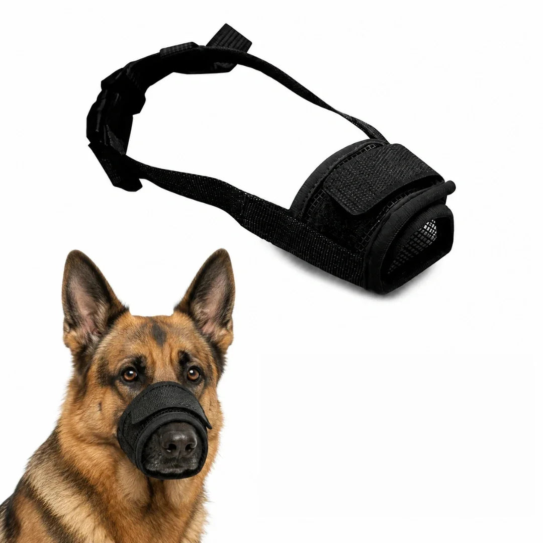Black mesh dog muzzle shown alongside a German Shepherd wearing it.