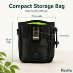 A product dimension graphic showing a compact black dog treat bag measuring nineteen centimeters wide and twenty centimeters high.