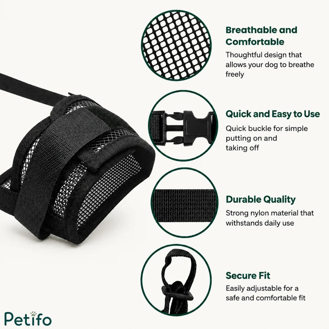 Close-up of the black mesh dog muzzle highlighting its breathable material, quick-release buckle, durable nylon, and secure adjustable fit.