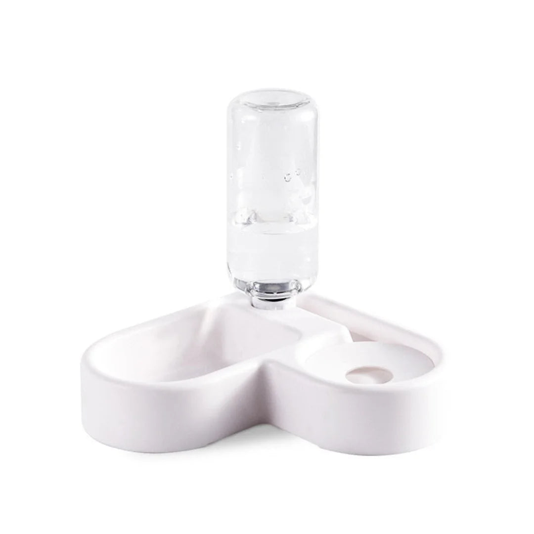 White ceramic dual pet bowl configuration with an integrated upright water bottle dispenser.