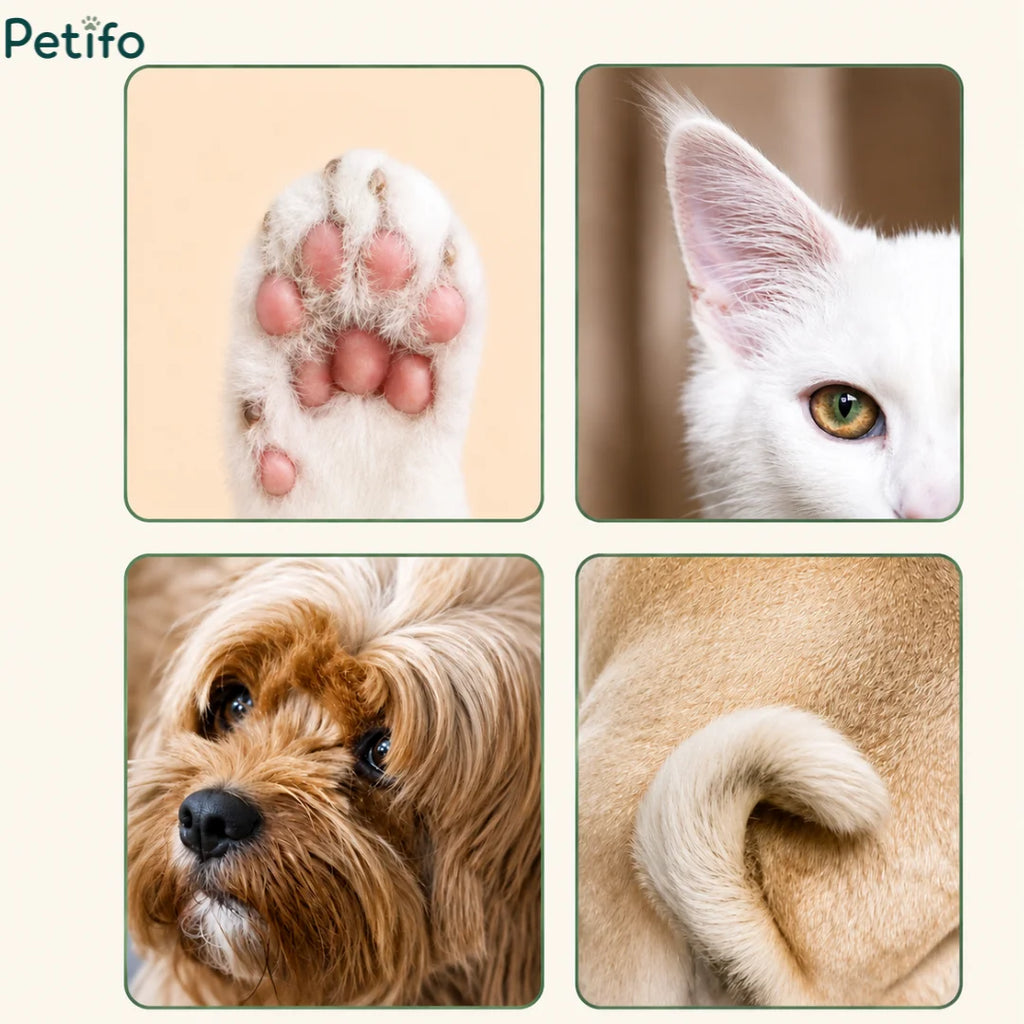 Four-panel display showing groomed pet features including a clean pink paw pad, a white cat's ear, a fluffy puppy's face, and a curled tail.