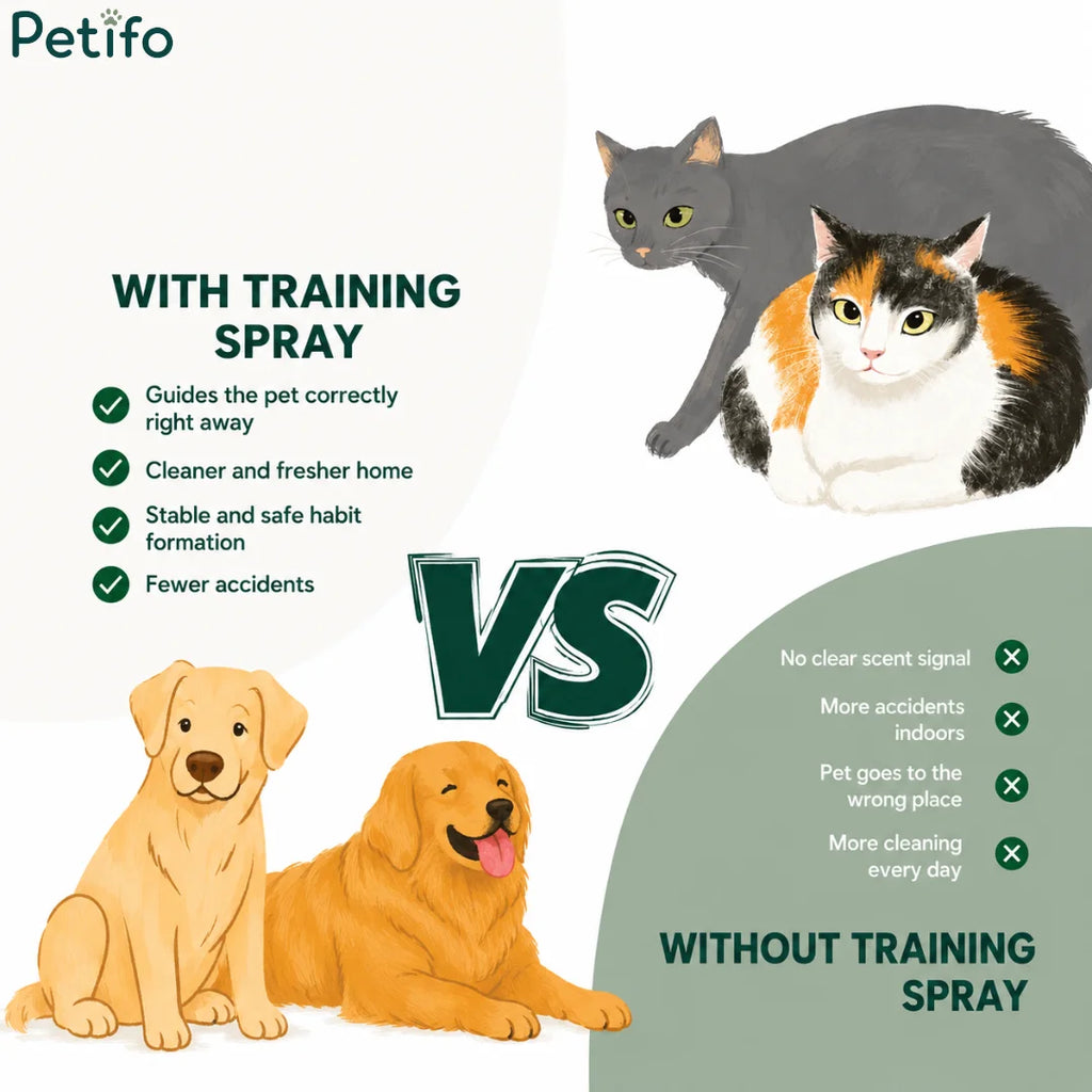 Comparison chart highlighting benefits of using puppy training spray versus not using it.