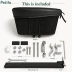 Complete package contents infographic displaying the Petifo basket, mounting rail, clamps, screws, tools, and hardware included.