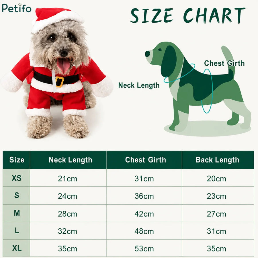 Tabella delle taglie per il costume da Babbo Natale per cani con misure di collo, torace e schiena.