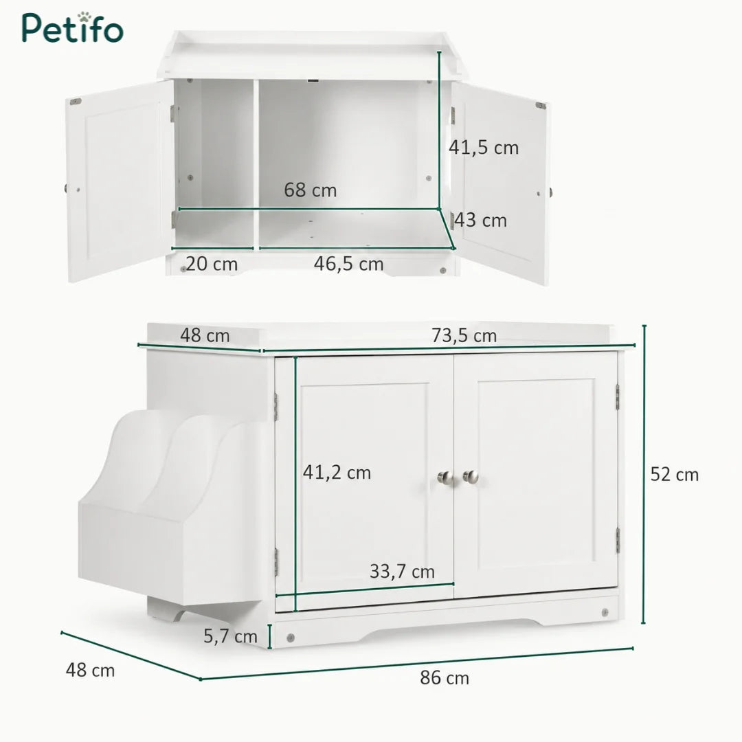 A detailed dimension infographic of the white Petifo cat litter house, indicating a total width of 86 cm, height of 52 cm, and internal compartment measurements.