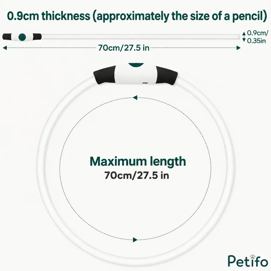 Diagramma delle dimensioni e delle misure del collare luminoso per cani, con una lunghezza massima di 70 cm e uno spessore di 0,9 cm.