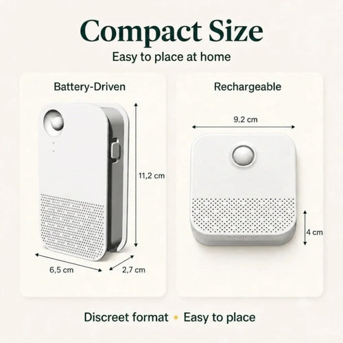 Diagram displaying the compact dimensions of the battery-driven and rechargeable purifier models.