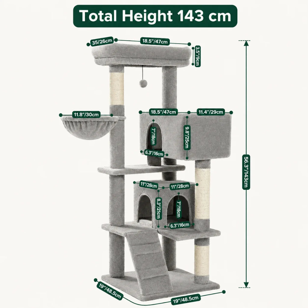 Structural dimension diagram for a 143 cm tall grey cat tower featuring a ramp, two enclosed condos, and a side lounging basket.