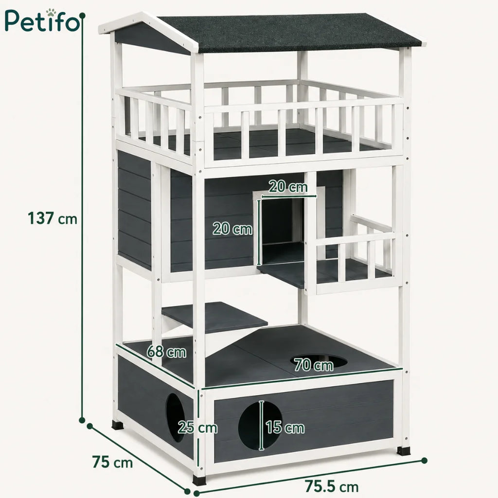 Dimension diagram of the multi-level wooden cat house showing height, width, and opening measurements.