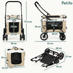 Detailed dimension and measurement infographic for the Petifo pet stroller, carrier bag, and folded frame configuration.