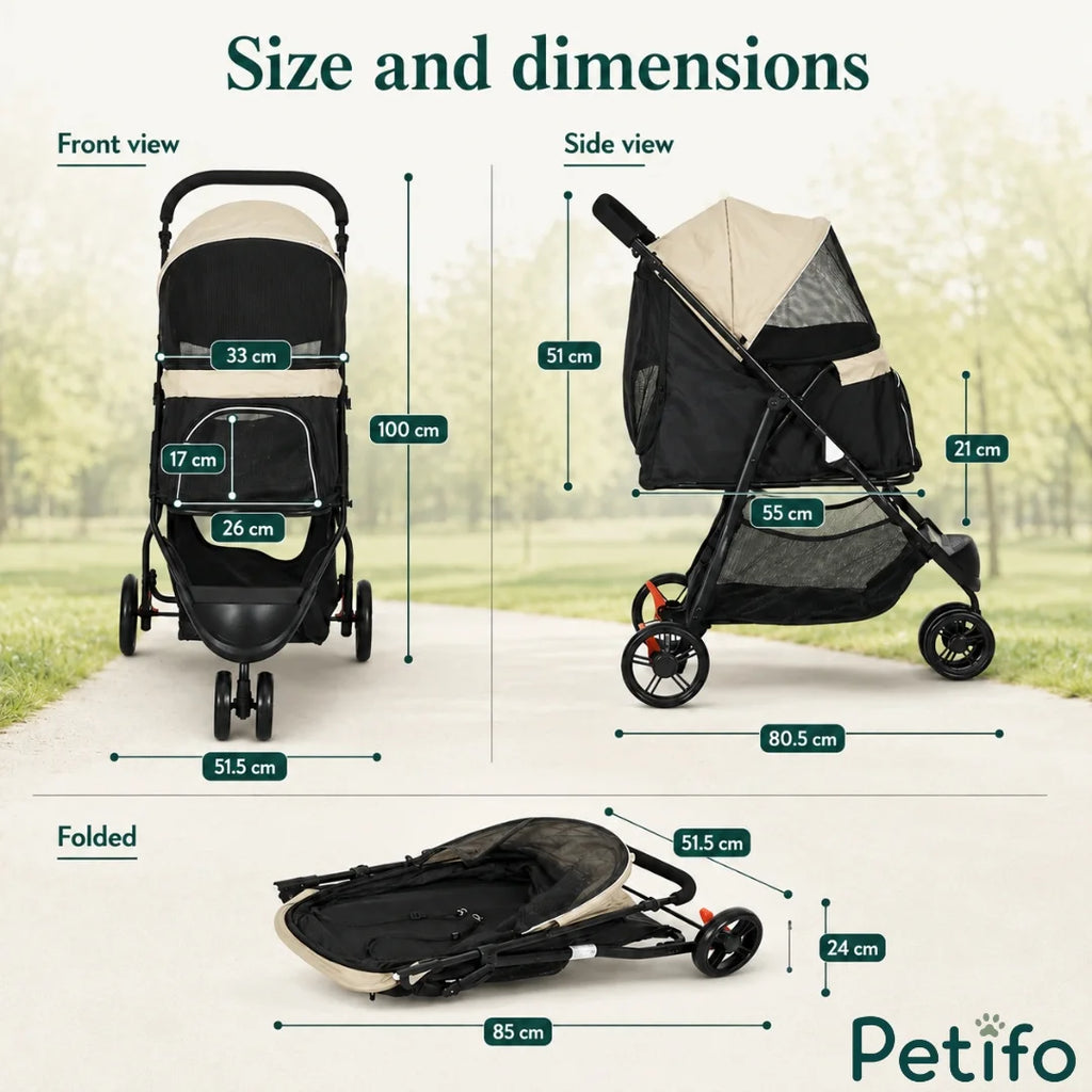 Front, side, and folded size dimensions diagram of the Petifo stroller.