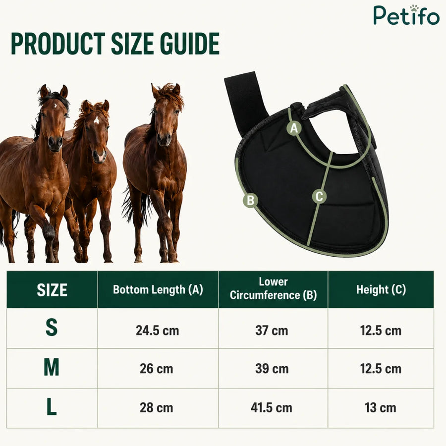 Tabella guida alle taglie del prodotto con le dimensioni per campane da cavallo piccole, medie e grandi