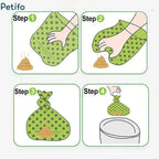 Step-by-step instructional guide showing how to pull, use, tie, and dispose of dog waste bags.