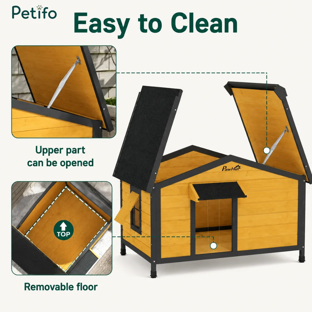 Functional design overview of a wooden dog house featuring an easy-to-clean opening roof and removable floor.