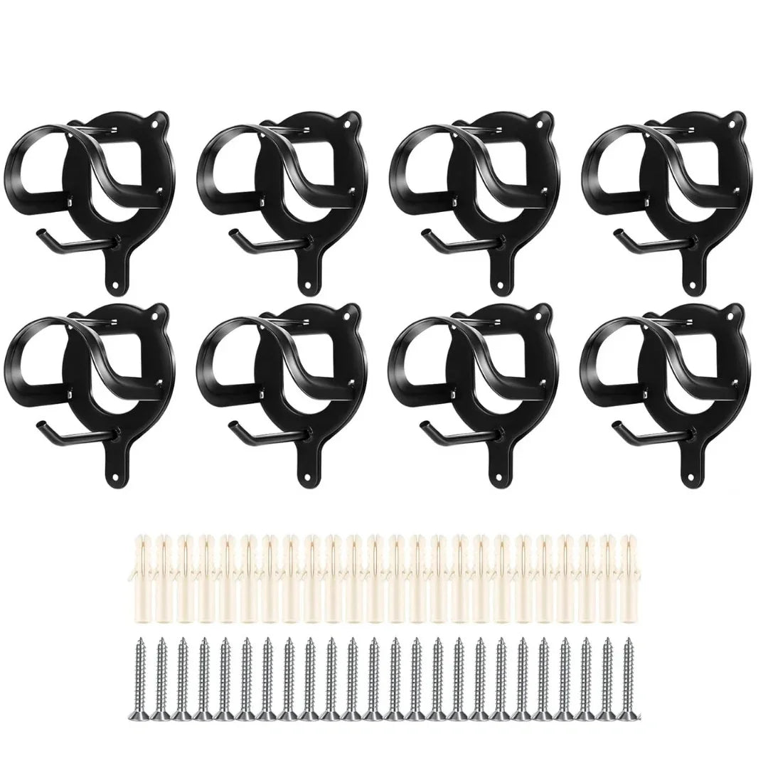 Eight-pack of black metal horse tack hangers displayed with a full set of installation hardware